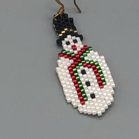 Handmade beaded snowman white black pierced earrings 2" long hat Christmas READ - Picture 5 of 5